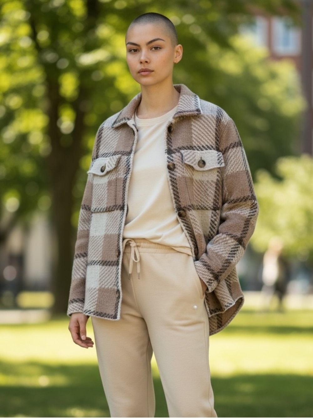 Pink Rose Neutral Plaid Sweater Shacket Button Closure